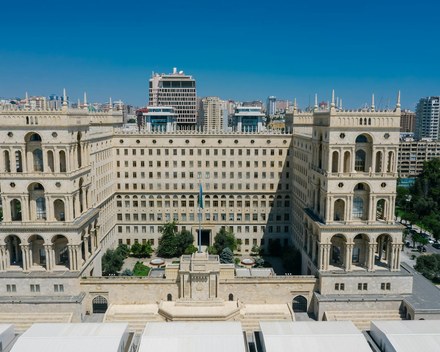 Government buildings in Baku, Azerbaijan at dusk