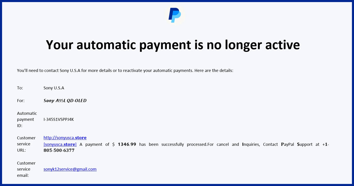 PayPal phishing email alert