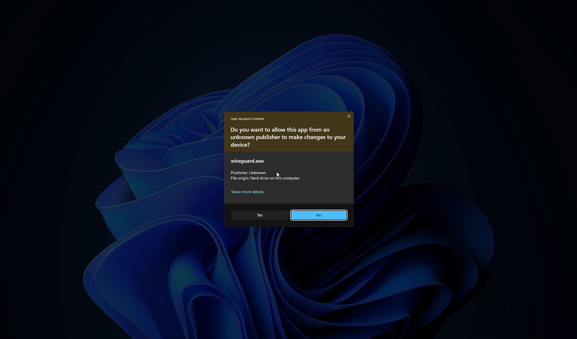 User Account Control prompt for wireguard.exe