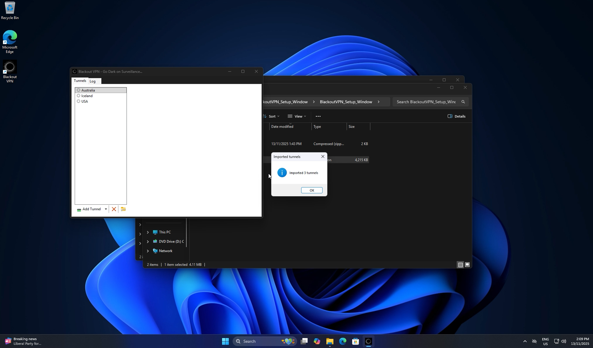 Confirmation dialog showing imported tunnels
