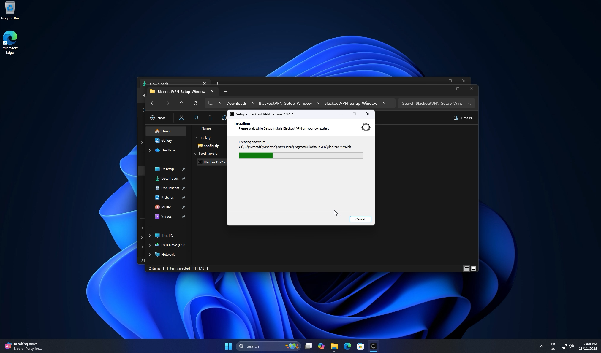 Installer progress while Blackout VPN is being installed